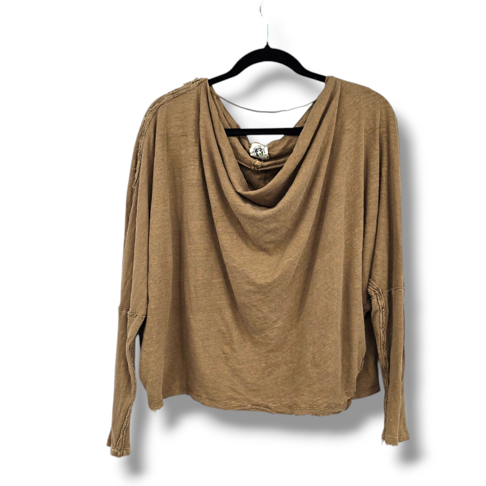 We The Free Women's Linen Blend Cowl Drape Neck Boxy Oversized Top Brown XL